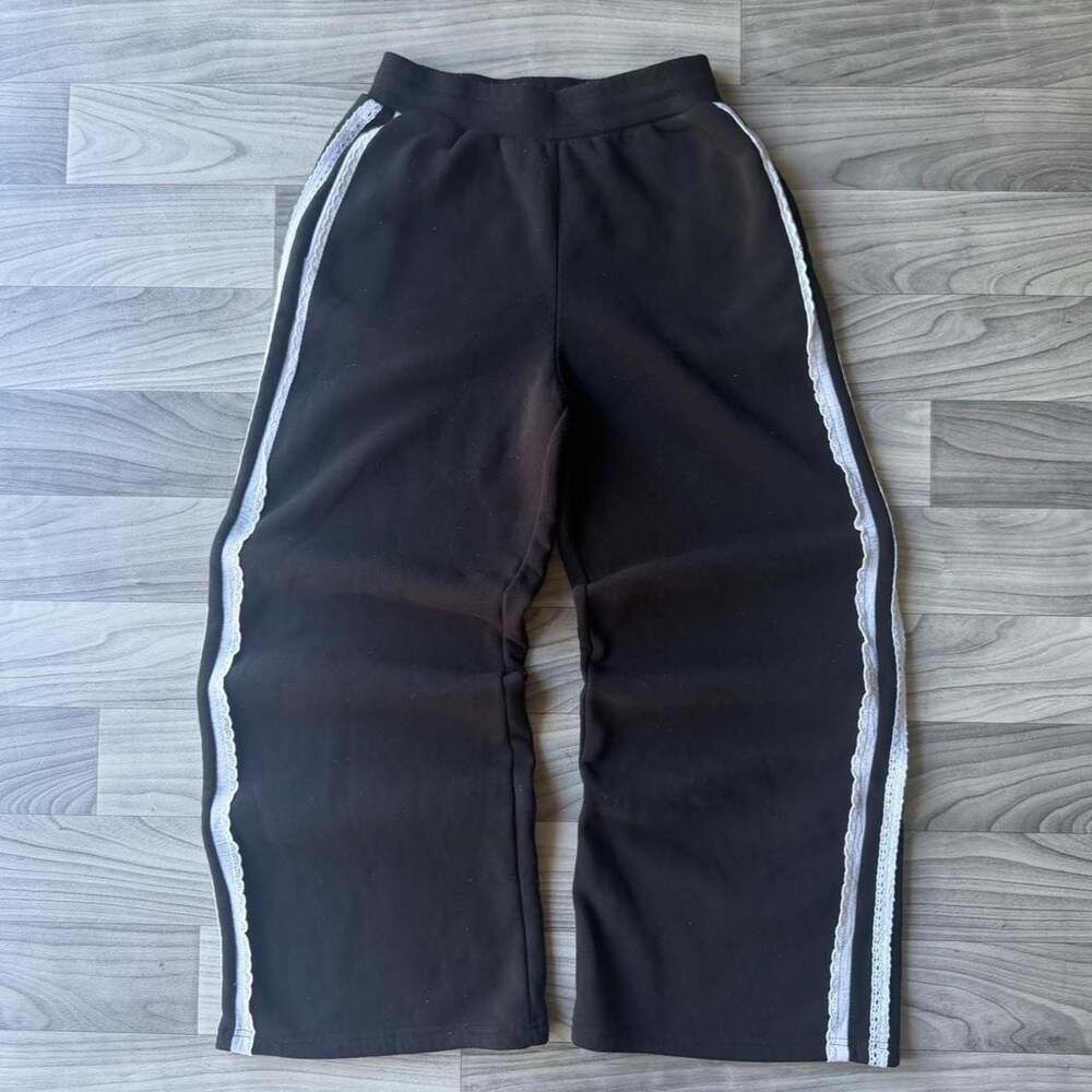 No Comment Y2K Black Baggy Wide Leg Sweatpants with Lace Detail